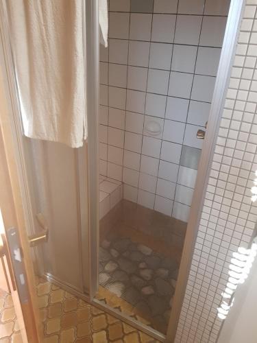 y baño con ducha y suelo de baldosa. en Ferienwohnung - a68322 en Heidenheim an der Brenz