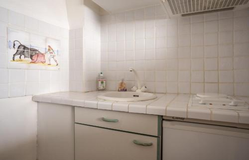 - une cuisine carrelée de blanc avec un évier et un comptoir dans l'établissement Petit Paradis Nemausus, à Nîmes