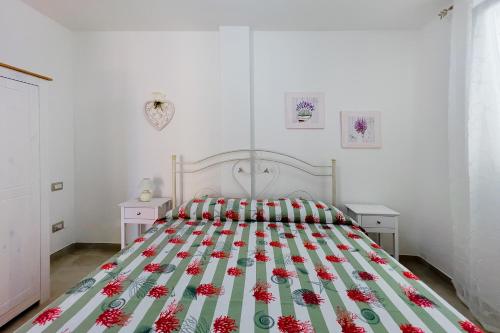 1 dormitorio con 1 cama con edredón verde y rojo en Casetta Letizia - Goelba, en Portoferraio