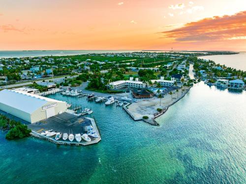 an aerial view of a marina at sunset at Caloosa Cove Resort in Islamorada
