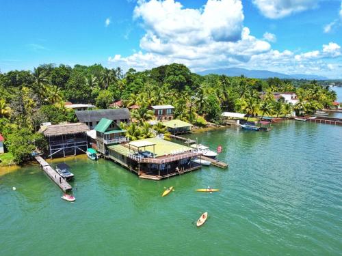 an aerial view of a resort on a river at Linda Vista in Río Dulce