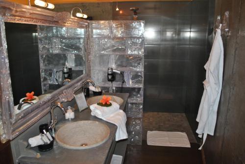 a bathroom with a sink and a large mirror at Villa Lodge 4 Epices in Gustavia