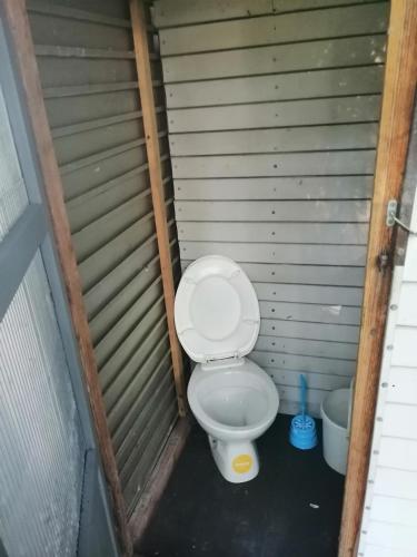 a bathroom with a toilet in a wooden stall at Splav Ljubavno Ostrvo in Čerević
