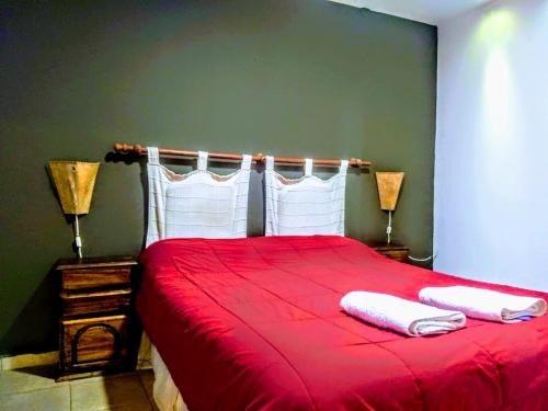 a bedroom with a red bed with two pillows on it at Departamento con dos dormitorios in Chilecito