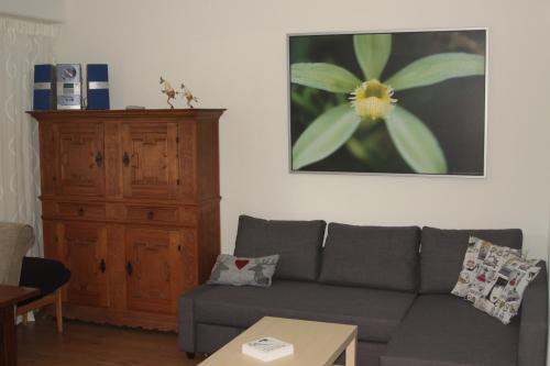 sala de estar con sofá gris y armario de madera en Alpendomizil Pia, en Mühlbach am Hochkönig