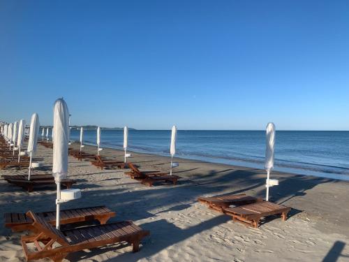 a row of chairs and umbrellas on a beach at House for rent Jurgen in Golem