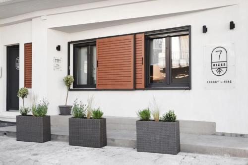 a white building with three potted plants in front of it at 7Rizes Luxury Living in Heraklio Town