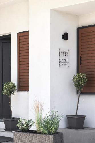 two potted plants sitting in front of a building at 7Rizes Luxury Living in Heraklio Town
