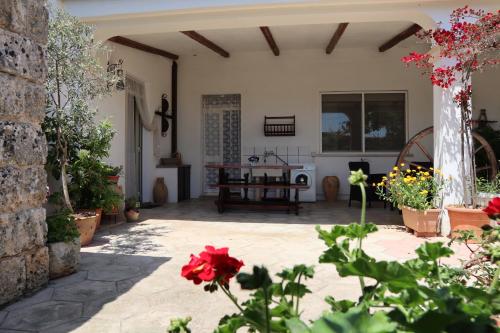 un patio esterno con fiori e tavolo di Masseria Salentina a Marina Serra