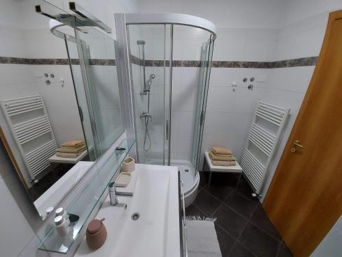 La salle de bains blanche est pourvue d'une douche et d'un lavabo. dans l'établissement APARTMA GONZO, à Bovec