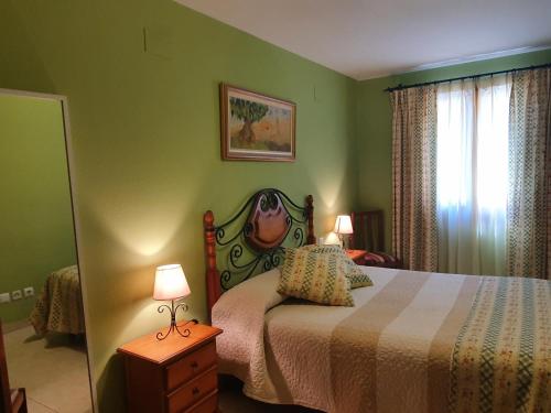a green bedroom with a bed and a window at Apartamento Casa Go in Torla