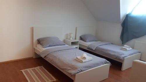 Habitación con 2 camas y toallas. en Guest house Ruža en Tenja