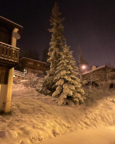 a snow covered christmas tree in front of a house at Très joli studio au calme et bien situé in Orcières