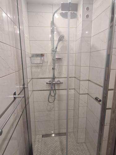 una doccia con porta in vetro in bagno di Apartament Paula a Myślibórz