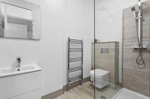 a bathroom with a shower and a toilet and a sink at Little Place in Torquay