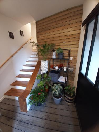 een trap met potplanten in een huis bij Chambre d'hôtel tout confort au Pays des Abers in Plouguerneau
