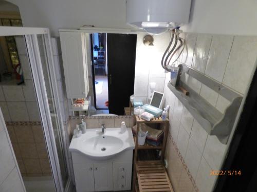 La petite salle de bains est pourvue d'un lavabo et d'un miroir. dans l'établissement Badacsonyi Présház, à Bytom