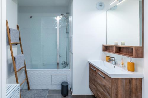 uma casa de banho com um lavatório e uma cabina de duche em vidro. em Appartement lumineux de standing em Drancy