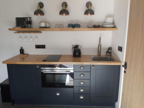 a kitchen with a counter and a stove and a sink at Sweet Meadow Lodge in Exeter