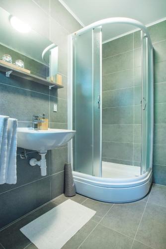 a bathroom with a shower and a sink at 4 Seasons Guest House in Rakovica