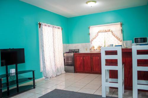 a living room with blue walls and a television at Bliss on the Bay family in West End