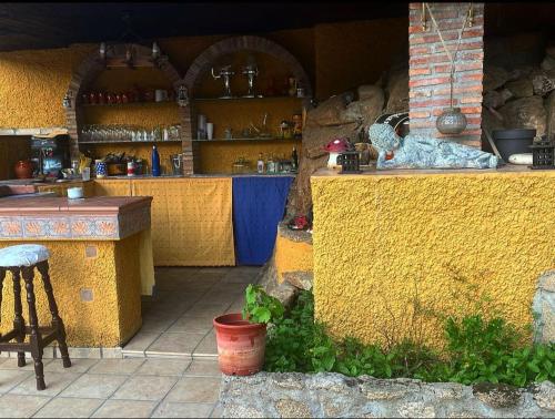 a kitchen with a counter and a bird on a yellow wall at Lantica roccia in Manzanares el Real