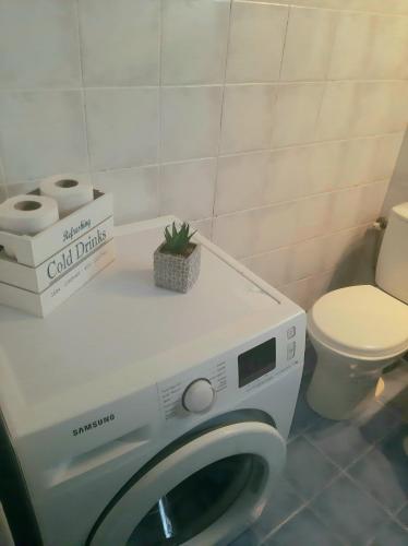 a washing machine in a bathroom with a toilet at Άνετο διαμέρισμα στο κέντρο της πόλης in Aegina Town