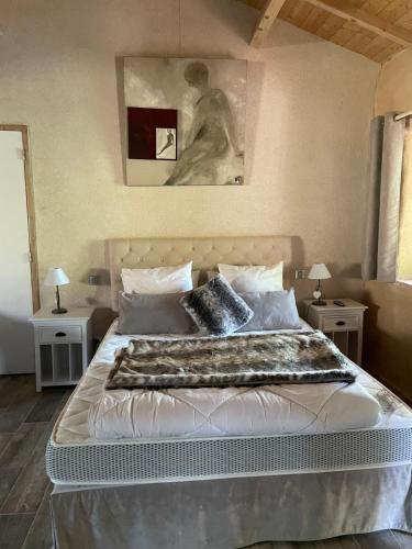 1 dormitorio con 1 cama grande y 2 mesitas de noche en Le Petit courault en Pamproux