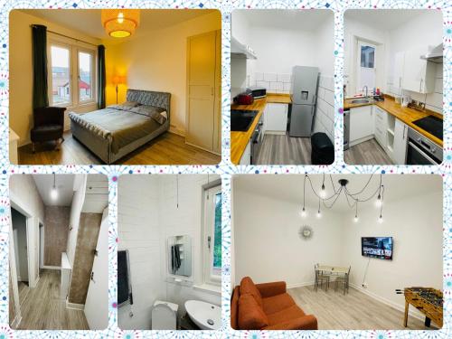 four pictures of a kitchen and a living room at Holiday Flat for All in Fife