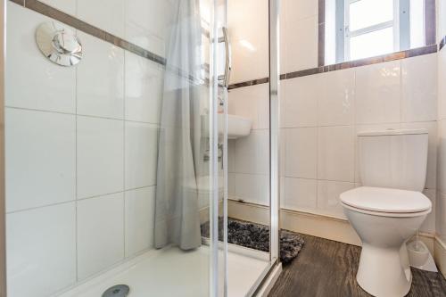 a bathroom with a toilet and a shower at Hillside Cottage in Bath