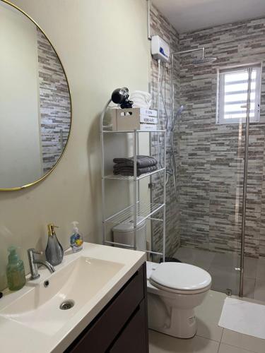 een badkamer met een toilet, een wastafel en een douche bij Brebella New 2 Bedroom Apartment in Willemstad