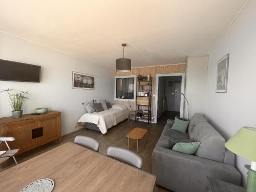 un salon avec un canapé et un lit dans l'établissement Studio 2* avec balcon face à la mer, ascenseur, proche plage et commerces, 2 pers. - FR-1-197-387, à Les Sables-dʼOlonne