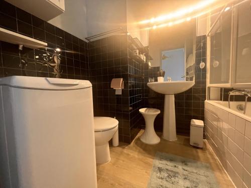 une salle de bain avec des toilettes blanches et un lavabo dans l'établissement Studio 2* avec balcon face à la mer, ascenseur, proche plage et commerces, 2 pers. - FR-1-197-387, à Les Sables-dʼOlonne