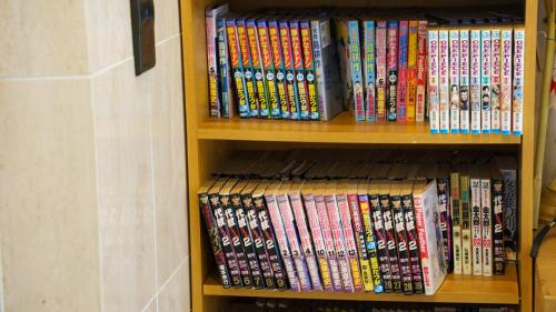 a book shelf filled with lots of books at Business Hotel Rupinasu in Takamatsu