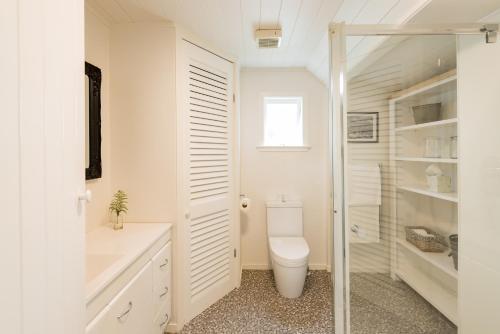 a white bathroom with a toilet and a shower at Arcadia Lodge Russell in Russell