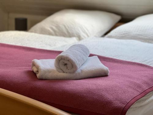 Una toalla sobre una cama en Kleine Robbe Ferienhaus, en Dangast