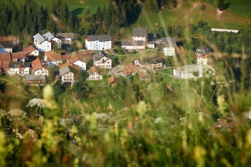 eine Gruppe von Häusern auf einem Hügel in der Unterkunft Reka-Feriendorf Bergün in Bergün