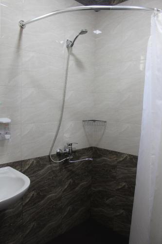 a shower in a bathroom with a sink at Hotel Rabati in Akhaltsikhe