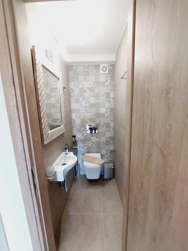 a small bathroom with a toilet and a sink at Mousai Apartment walking distance to the beach in Georgioupolis