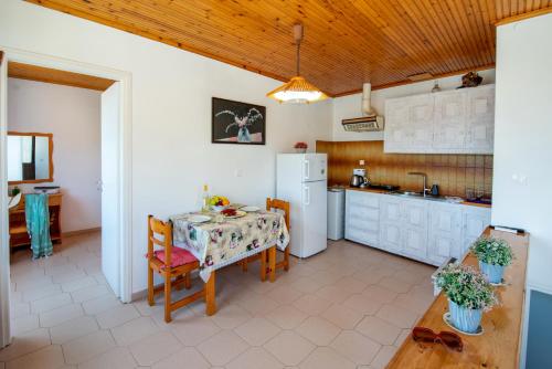 a kitchen with a table and a refrigerator at "OceanBreeze'' Studio in Gaios