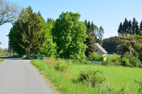 uma estrada ao lado de um campo com uma casa e árvores em Ferienhaus Untere Zeitelwaidt em Bad Steben