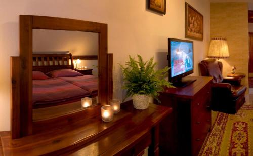 a bedroom with a bed with a mirror and a television at Penzion Rozmarýn in Vsetín