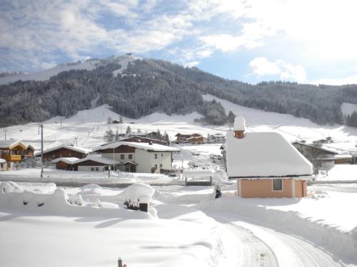 a village covered in snow with a mountain in the background at Romantik Pension Lehrberg in Sankt Jakob in Haus