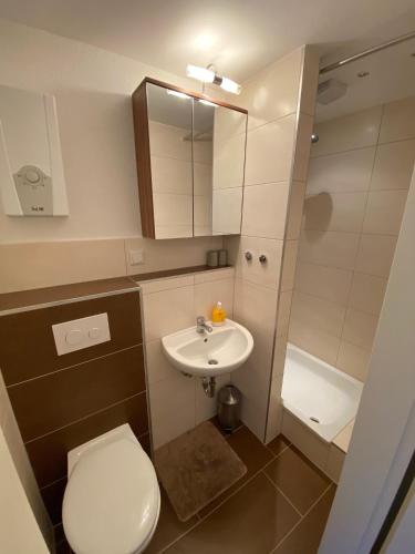 a small bathroom with a toilet and a sink at Entspann you in Wangerland