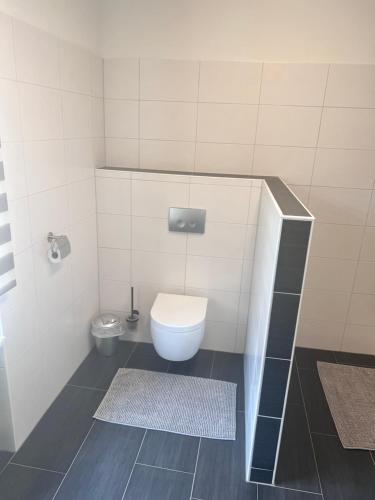 a small bathroom with a toilet in a room at Enns Sleep Gasthaus Backhendlstation in Enns