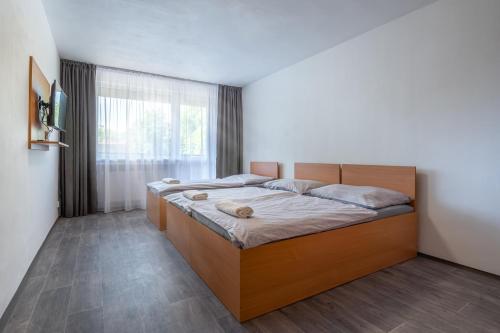 a bed in a room with a large window at Apartmány a Studia Zámecký park in Litvínov