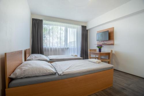 um quarto com 2 camas e uma janela em Apartmány a Studia Zámecký park em Litvínov