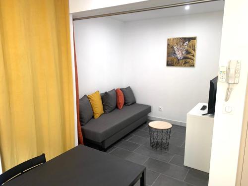 uma sala de estar com um sofá e uma televisão em Studio République #3 em Perpignan