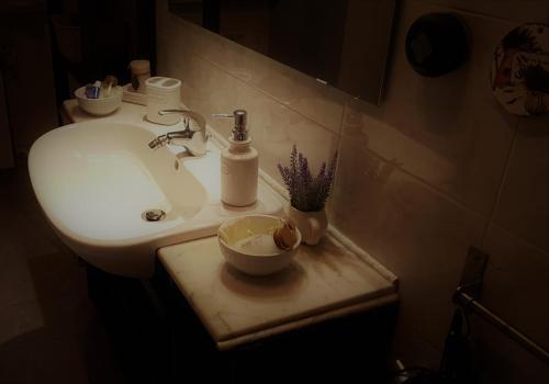 een wastafel in de badkamer met een fles zeep en een plant bij Gabriel Holiday House in Rome