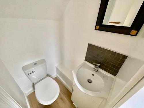 a white bathroom with a toilet and a sink at The Annex - central Helmsley with parking in Helmsley